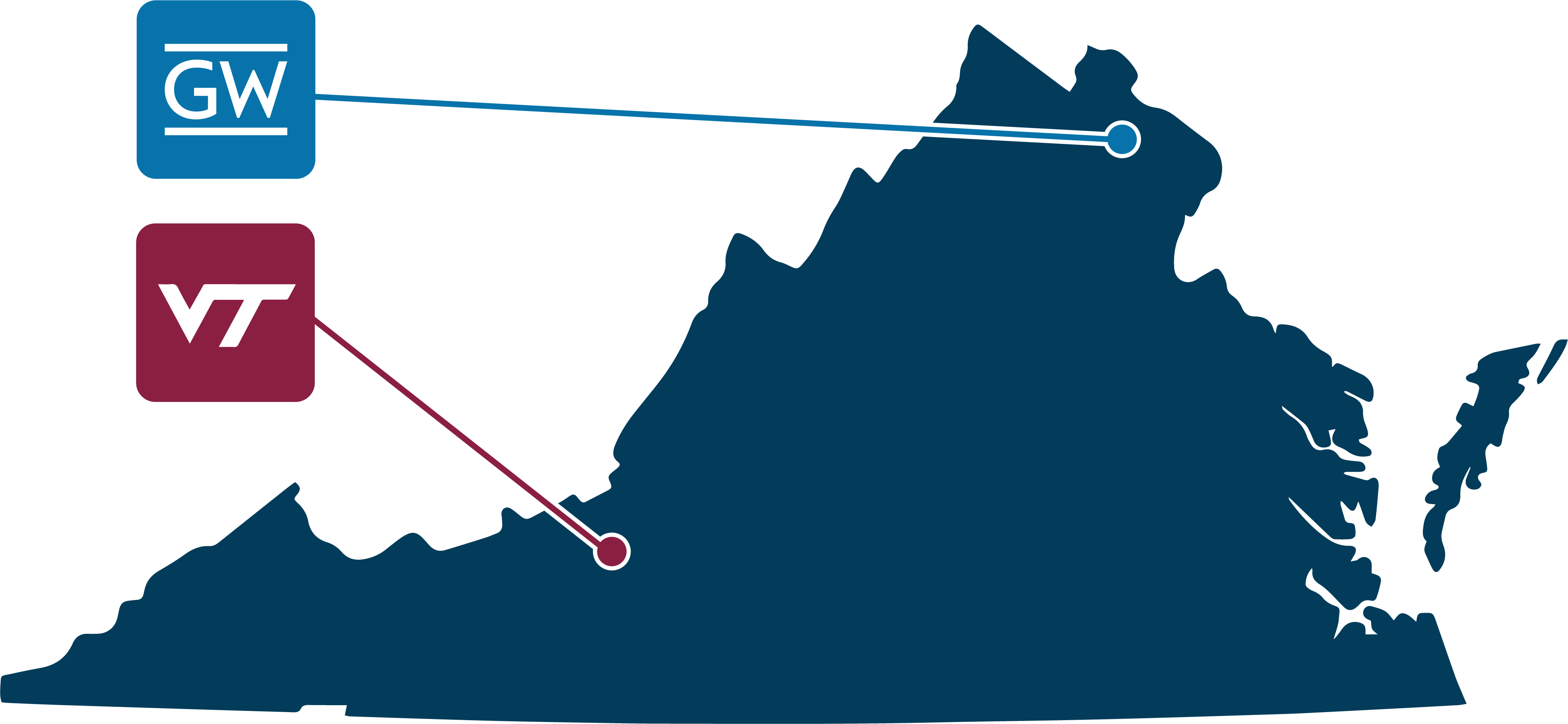 Map of Virginia showing location of GW Nursing and Virginia Tech