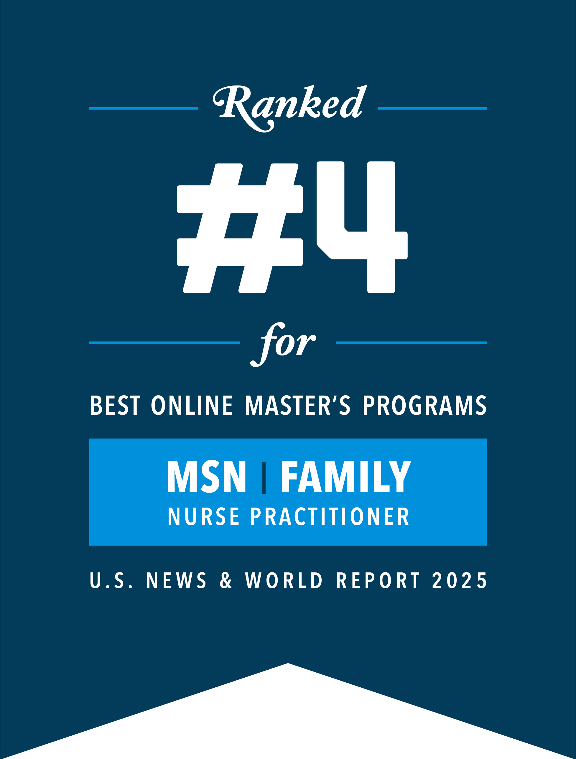 Ranked #4 for Best Online Masters Programs, MSN - FNP, USNWR 2025