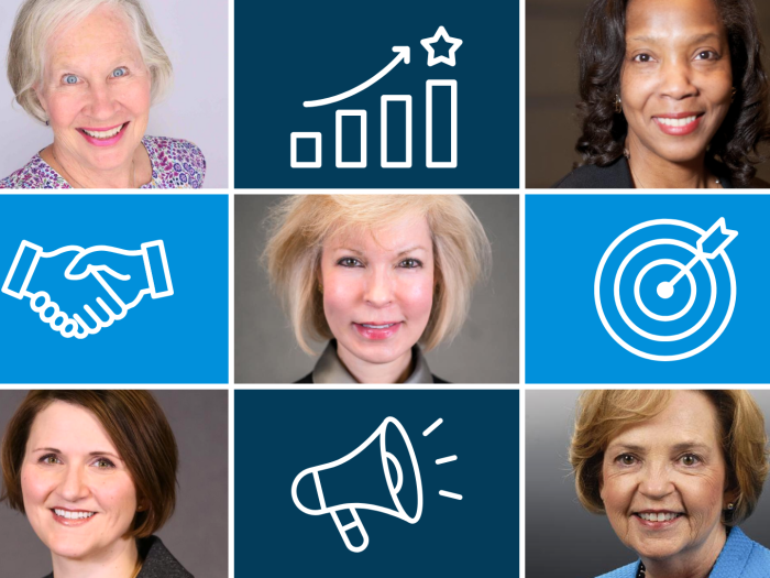 3 by 3 grid featuring five professors and three icons representing excellence and accomplishment